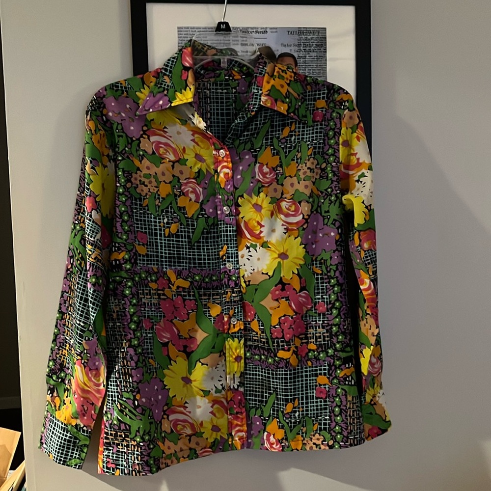 70s Garden Patterned “Dagger” Collar Blouse